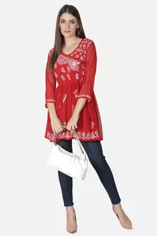 Hand Embroidered Red Faux Georgette Chikankari Top With Slip