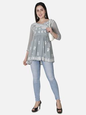 Hand Embroidered Grey Faux Georgette Chikankari Top With Slip 6