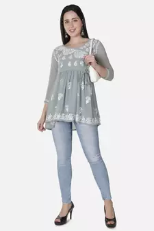 Hand Embroidered Grey Faux Georgette Chikankari Top With Slip