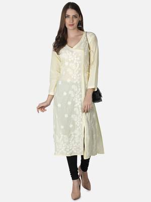 Hand Embroidered Light Lemon Cotton Lucknowi Chikankari Angarkha Kurti 5