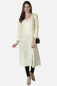 Hand Embroidered Light Lemon Cotton Lucknowi Chikankari Angarkha Kurti