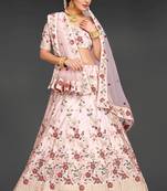Peach embroidered satin semi stitched lehenga
