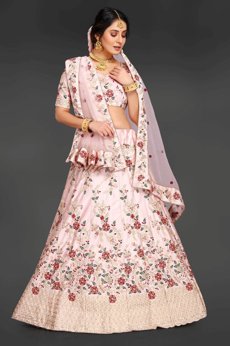 Peach embroidered satin semi stitched lehenga