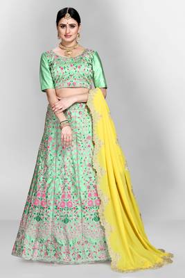 Green embroidered silk semi stitched lehenga 1