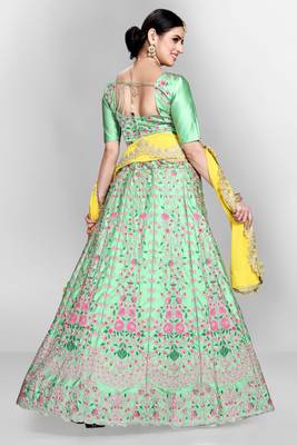 Green embroidered silk semi stitched lehenga 2