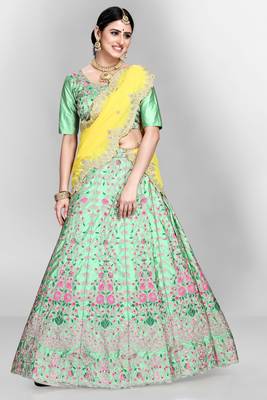 Green embroidered silk semi stitched lehenga 3