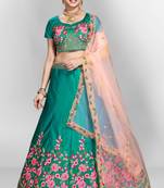 Green embroidered satin semi stitched lehenga