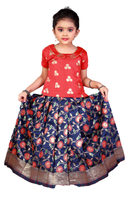 Girls Navy Blue Butter Bowl Pattu Pavadai Set 1