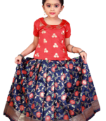 Girls Navy Blue Butter Bowl Pattu Pavadai Set