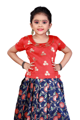 Girls Navy Blue Butter Bowl Pattu Pavadai Set 2