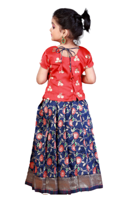 Girls Navy Blue Butter Bowl Pattu Pavadai Set 3