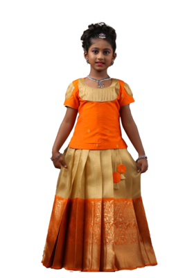 Shivangi Girls Orange Cashew Bud  Pattu Pavadai 1