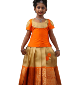 Shivangi Girls Orange Cashew Bud  Pattu Pavadai