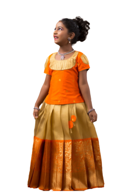 Shivangi Girls Orange Cashew Bud  Pattu Pavadai 2