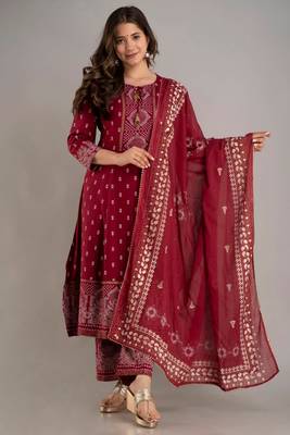 Women's Beautiful Rayon Printed Anarkali Kurta With Plazzo And Dupatta Sets 1