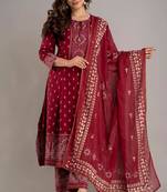 Women's Beautiful Rayon Printed Anarkali Kurta With Plazzo And Dupatta Sets