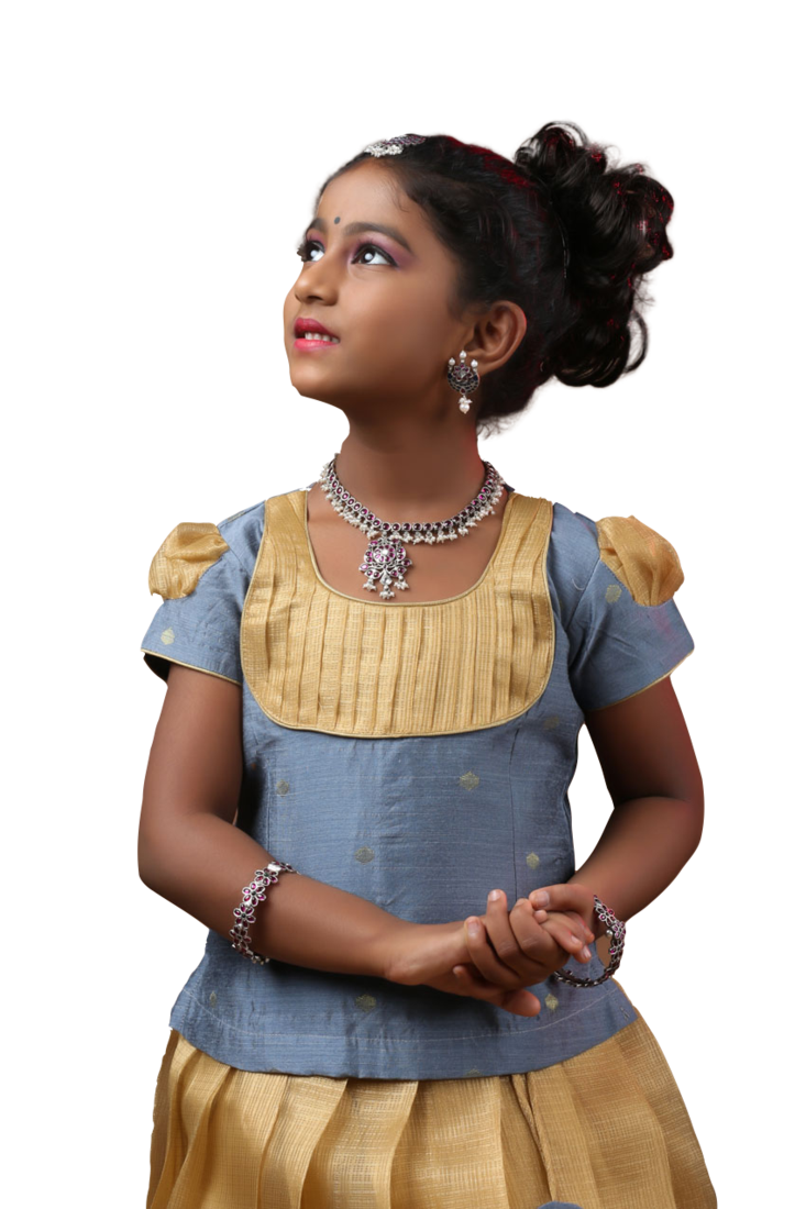 Shivangi Girls Grey Cashew Bud Pavadai Set | Lehenga