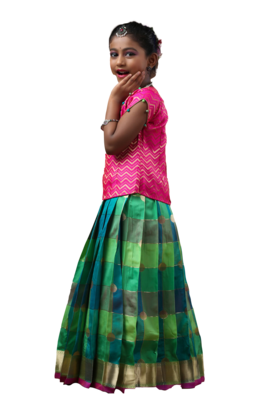 Shivangi Girls Green Checks Multi Colour Pattu Pavadai 2