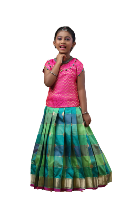 Shivangi Girls Green Checks Multi Colour Pattu Pavadai 1