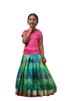 Shivangi Girls Green Checks Multi Colour Pattu Pavadai