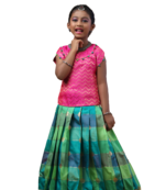 Shivangi Girls Green Checks Multi Colour Pattu Pavadai