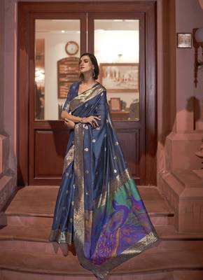 Navy blue woven silk saree with blouse 1