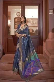 Navy blue woven silk saree with blouse
