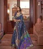 Navy blue woven silk saree with blouse