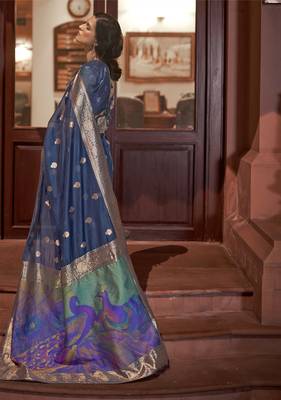 Navy blue woven silk saree with blouse 2