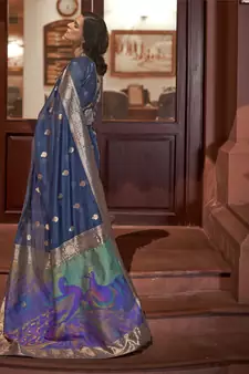 Navy blue woven silk saree with blouse