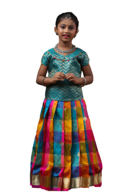 Shivangi Girls Pink  Checks Multi Colour Pattu Pavadai 1