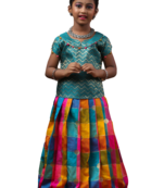 Shivangi Girls Pink  Checks Multi Colour Pattu Pavadai