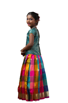Shivangi Girls Pink  Checks Multi Colour Pattu Pavadai 2
