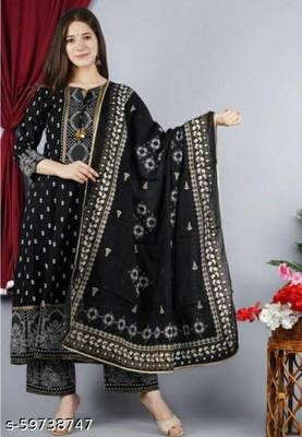 Women's Beautiful Rayon Printed Anarkali Kurta With Plazzo And Dupatta Sets 1
