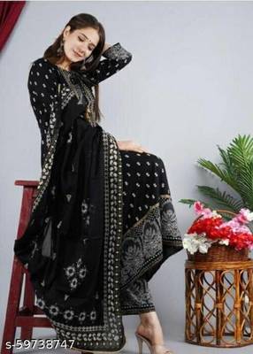 Women's Beautiful Rayon Printed Anarkali Kurta With Plazzo And Dupatta Sets 3