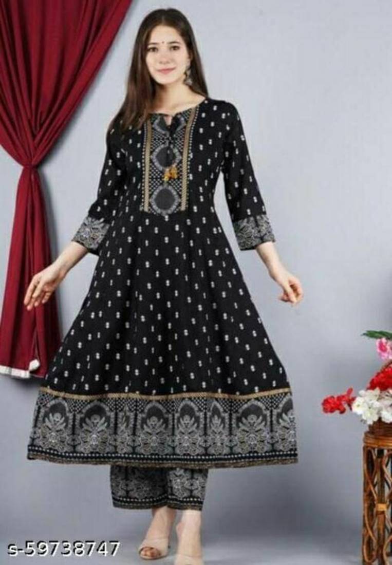 Women's Beautiful Rayon Printed Anarkali Kurta With Plazzo And Dupatta Sets
