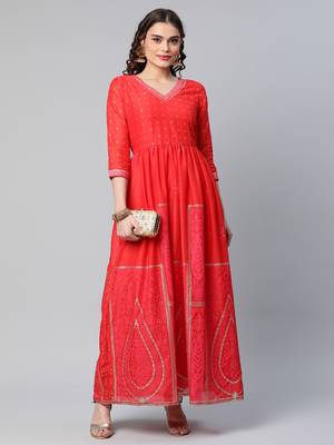 Ahalyaa Women Gorgeous Red Ethnic Motifs Festive Gown 1