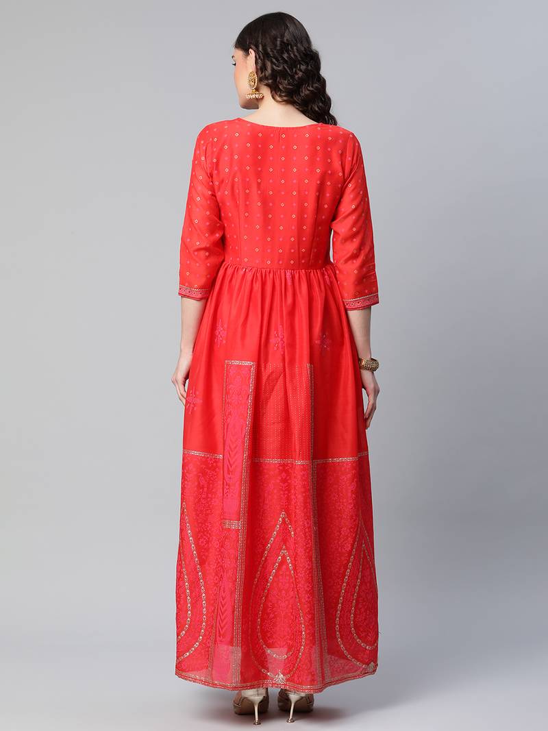 Ahalyaa Women Gorgeous Red Ethnic Motifs Festive Gown