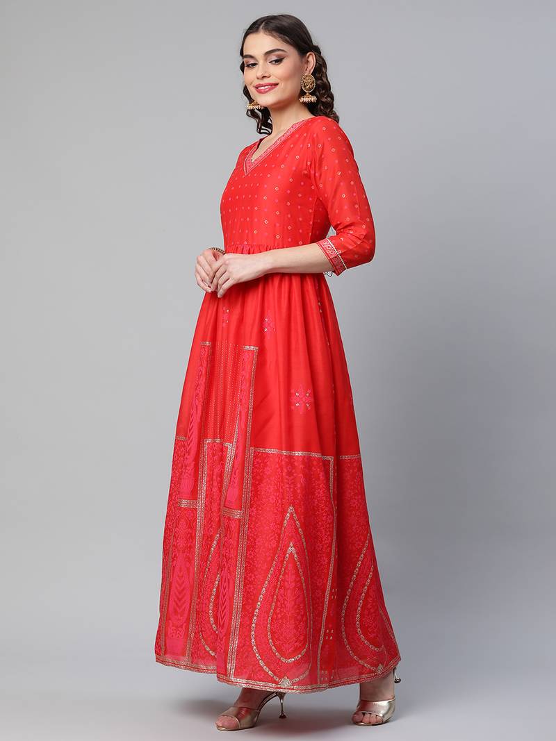 Ahalyaa Women Gorgeous Red Ethnic Motifs Festive Gown