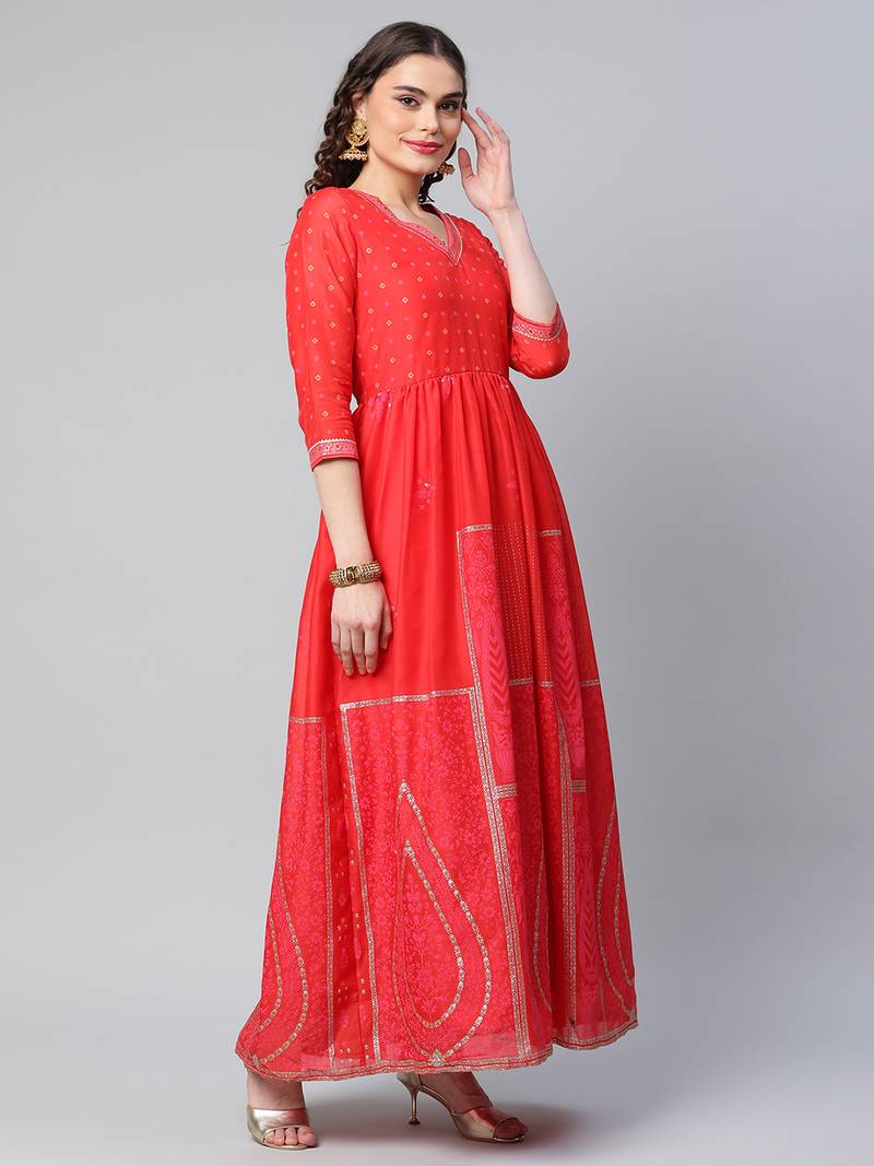 Ahalyaa Women Gorgeous Red Ethnic Motifs Festive Gown