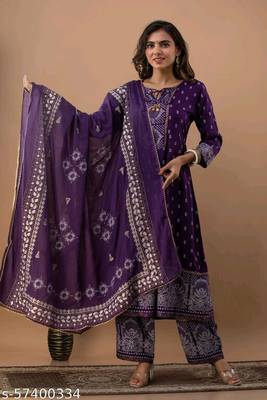 Women's Beautiful Rayon Printed Anarkali Kurta With Plazzo And Dupatta Sets 1