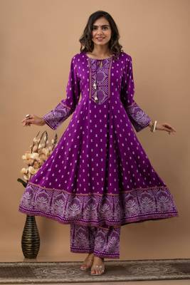 Women's Beautiful Rayon Printed Anarkali Kurta With Plazzo And Dupatta Sets 4
