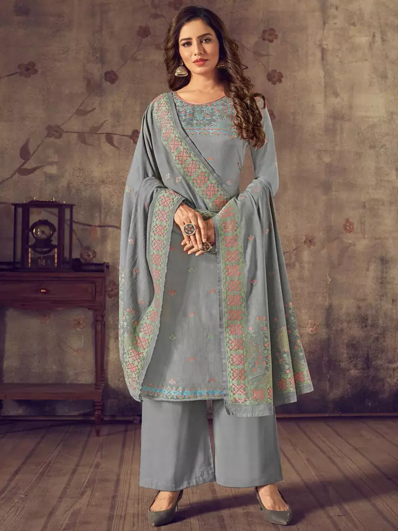 Grey jacquard cotton salwar