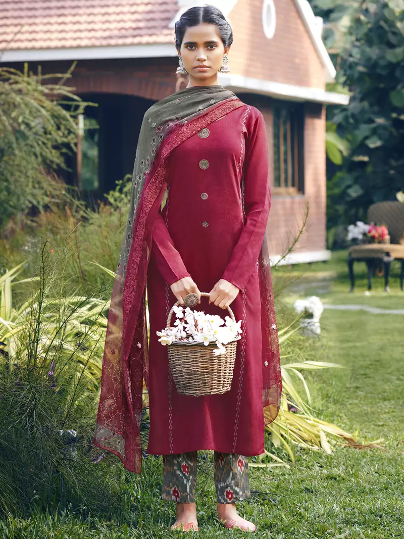 Maroon embroidered satin salwar