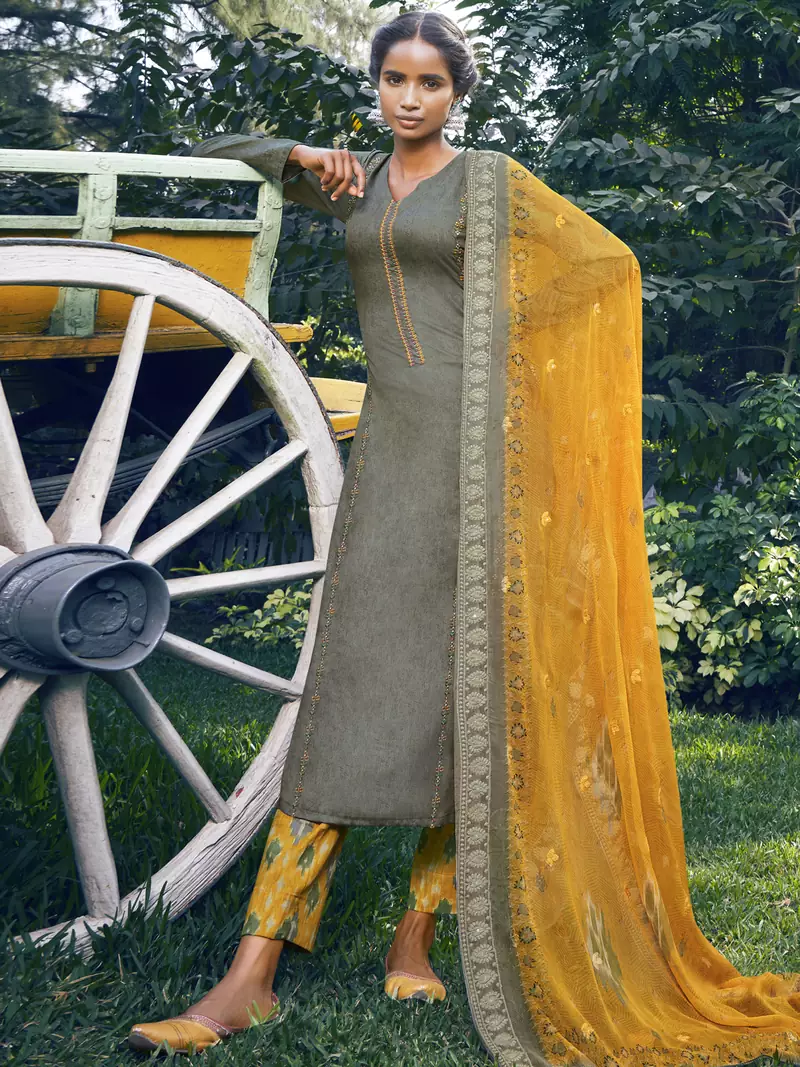 Olive embroidered satin salwar