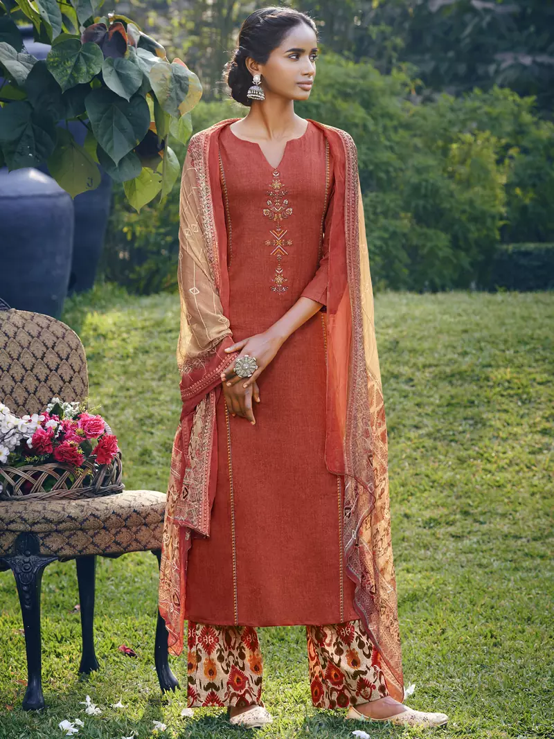 Coral embroidered satin salwar