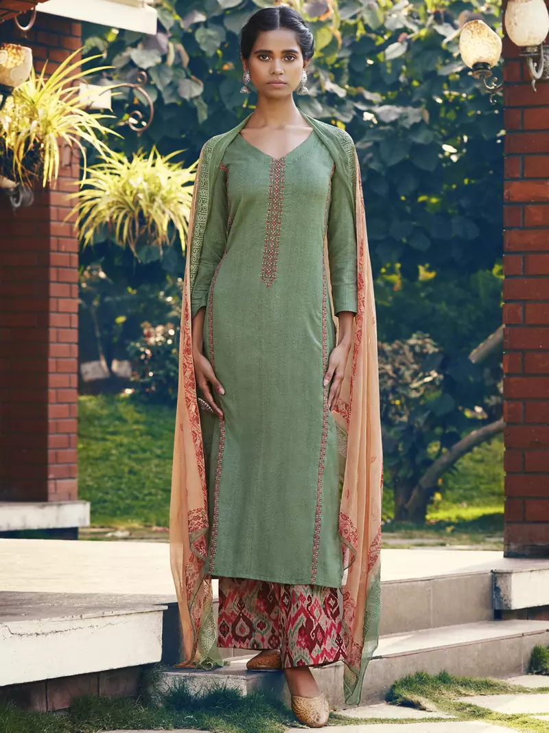 Green embroidered satin salwar