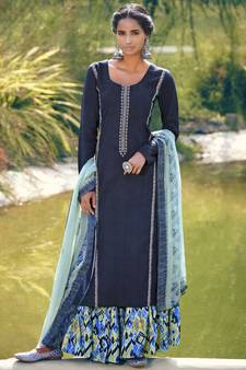 Navy blue embroidered satin salwar