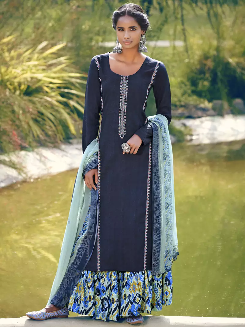 Navy blue embroidered satin salwar