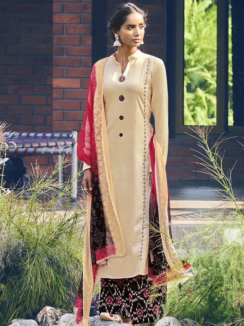 Cream embroidered satin salwar